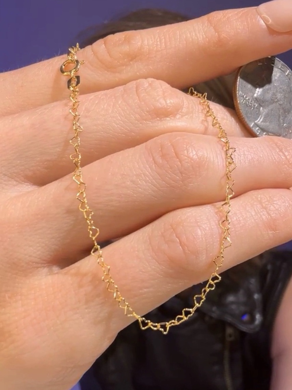 10K Solid Gold Twisted Heart Link Bracelet 2mm 7” Delicate Dainty